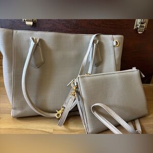 Dagne Dover Elegant Cream/Taupe Tote and Crossbody Convertible Clutch Set